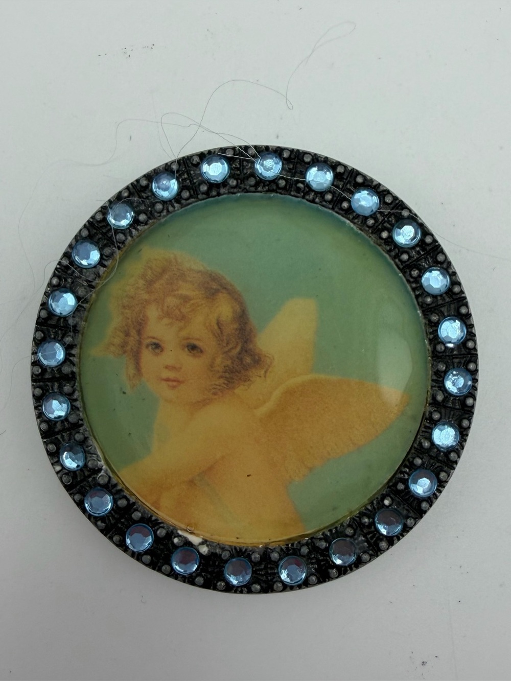 Vintage Cherub Pocket Mirror Rhinestone Border Double Sided Flip Over Mirror